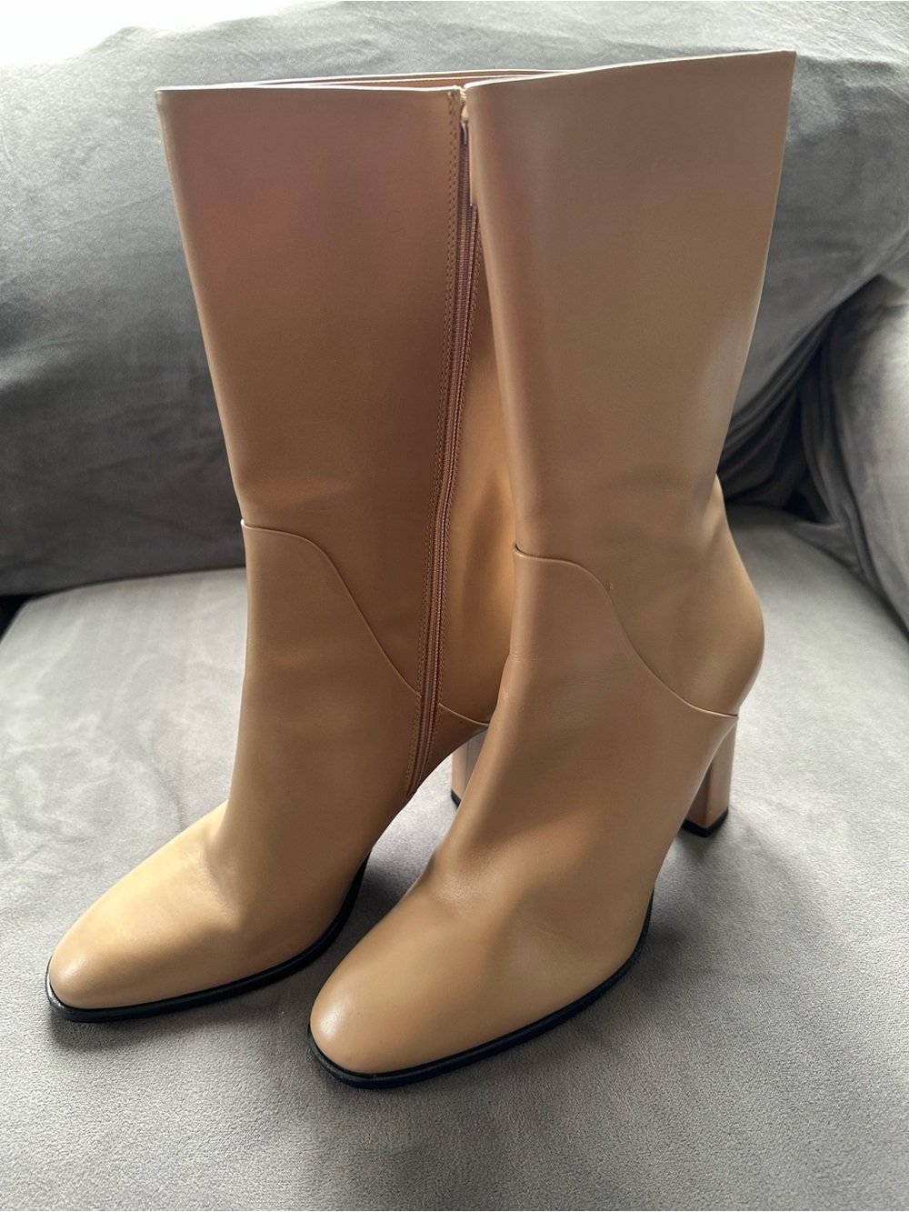 Via Spiga Camel Tan Mid-Calf Block Heel Boots